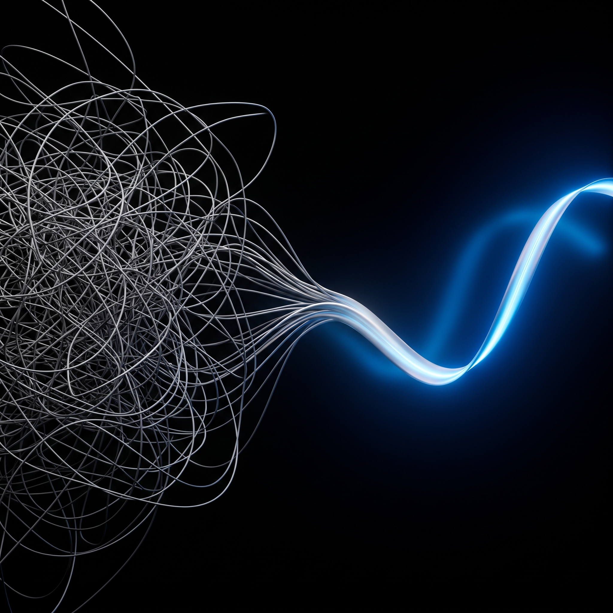 Abstrakte Grafik: verknotete Kabel werden zu einem geordneten Lichtstrom